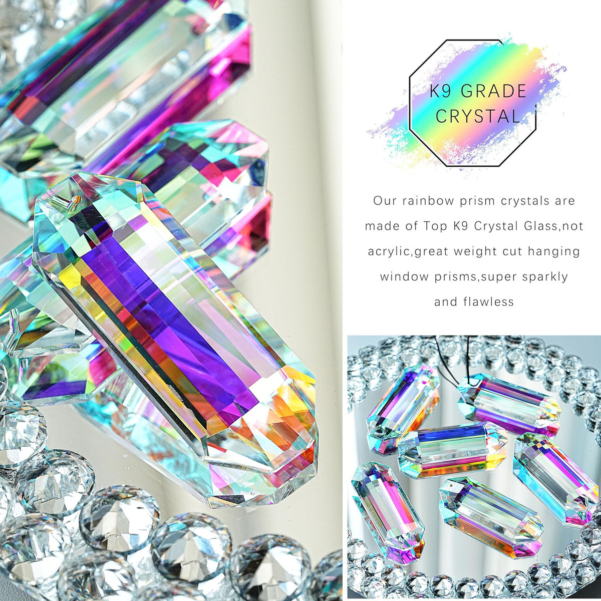 HDCRYSTALGIFTS Christmas tree ornament prisms sparkle with light reflections.