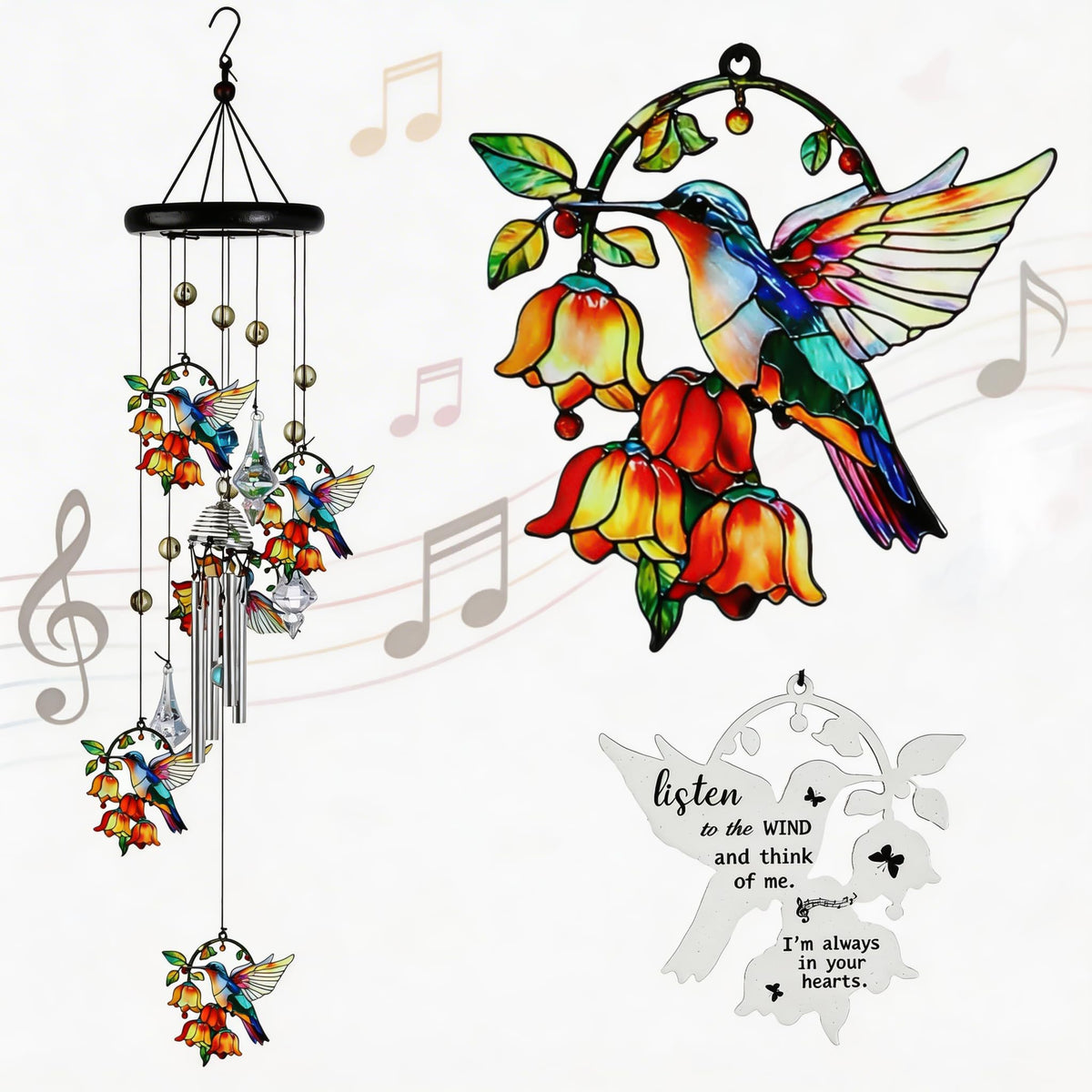 HDCRYSTALGIFTS hummingbird wind chime with crystals for a serene garden accent.