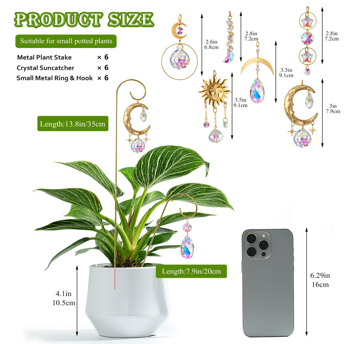 HDCRYSTALGIFTS moon and star suncatchers casting rainbows over potted plants.