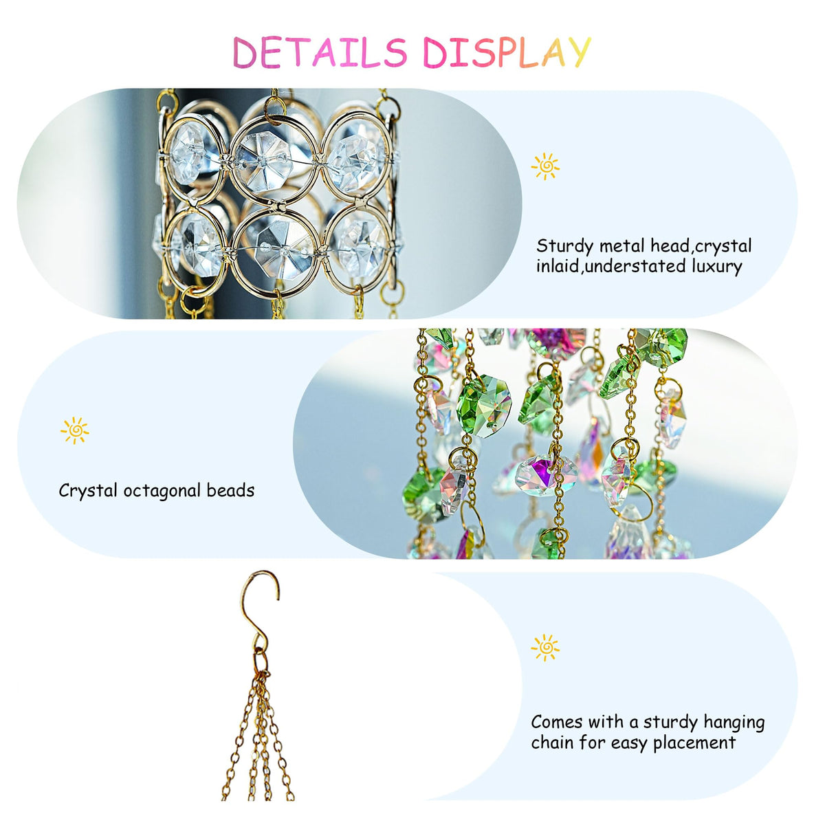 HDCRYSTALGIFTS crystal sun catcher catches sunlight to cast colorful rainbows.