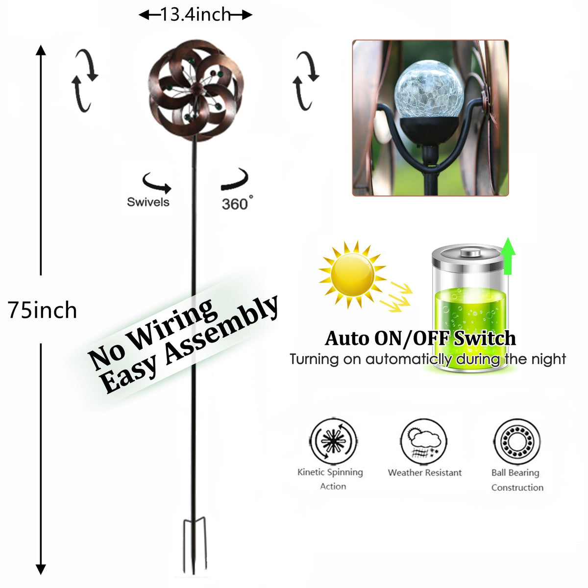 HDNICEZM LED color-changing light enhances night ambience on the wind spinner.