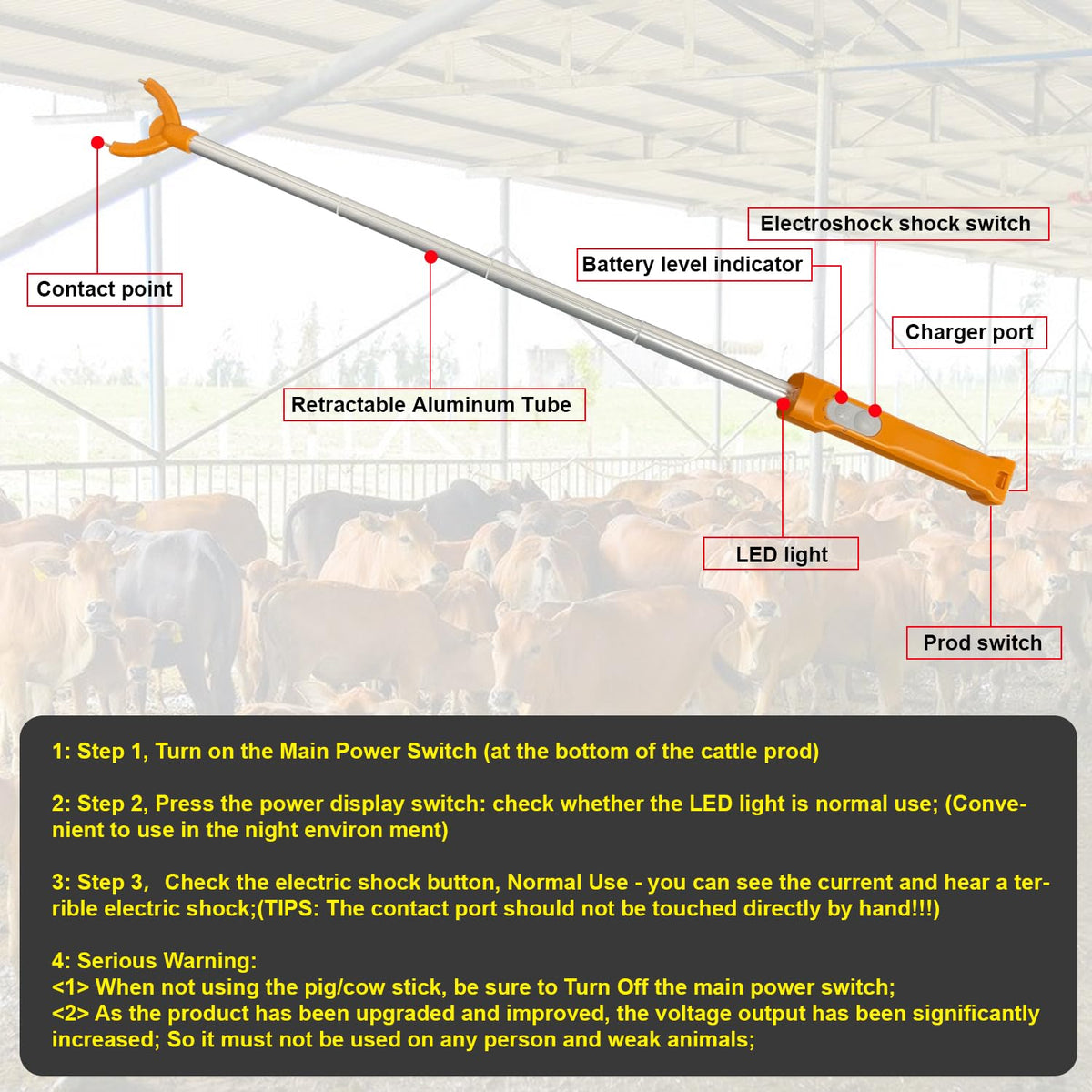 Hdroor cattle prod night-use design aids safer herding.