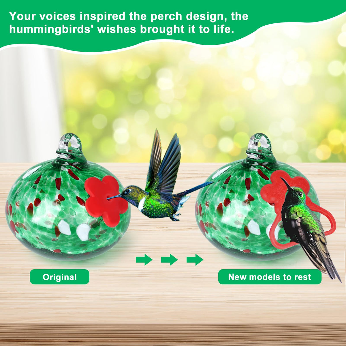 Headak Life hand-blown glass feeder with red silicone flowers attracts hummingbirds