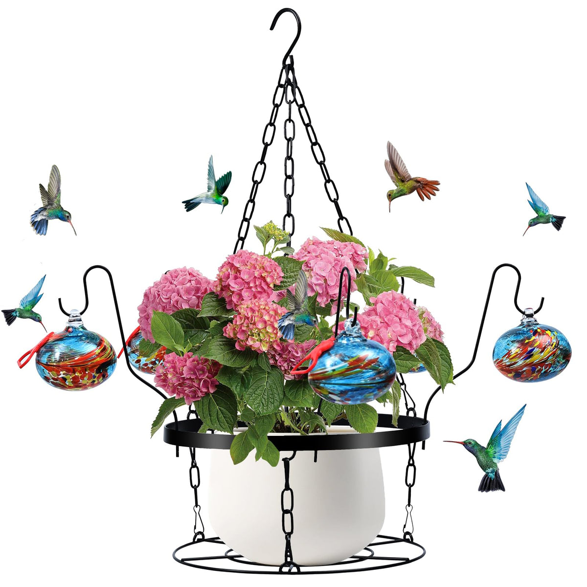 Headak Life hand-blown glass hummingbird feeder highlights vivid nectar appeal.