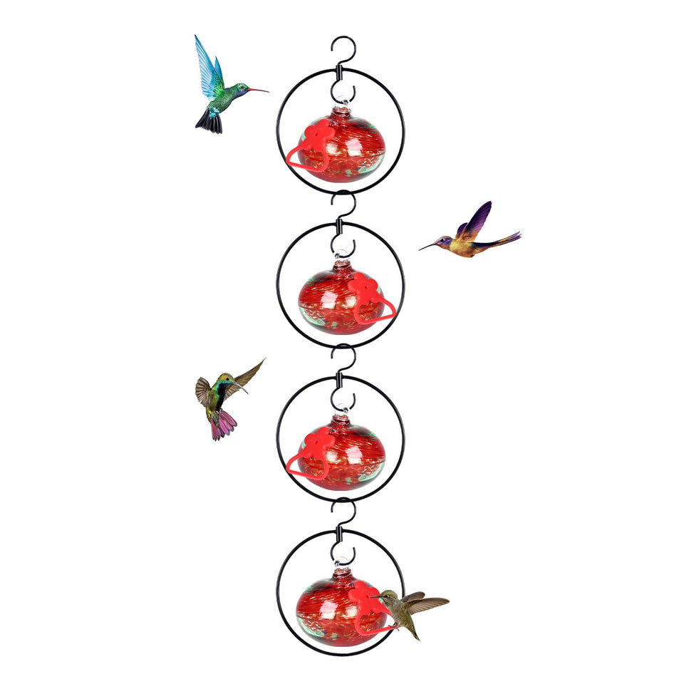 Headak Life red hand blown glass hummingbird feeder with four ports for outdoors