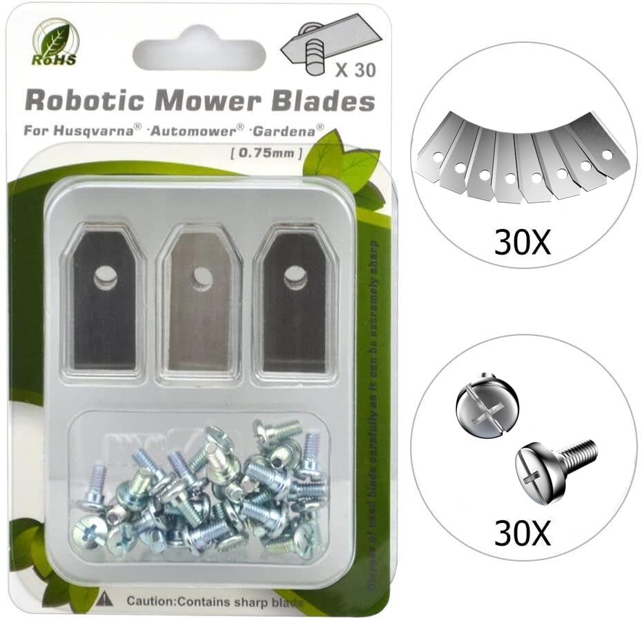 Headley Tools replacement blades compatible with Husqvarna Automower, smooth, even cuts shown
