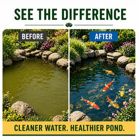 Healthy Ponds AquaLily fountain scene showing clearer water after use.