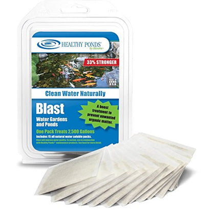 Healthy Ponds Blast packets dissolving in pond water to begin organic debris breakdown.