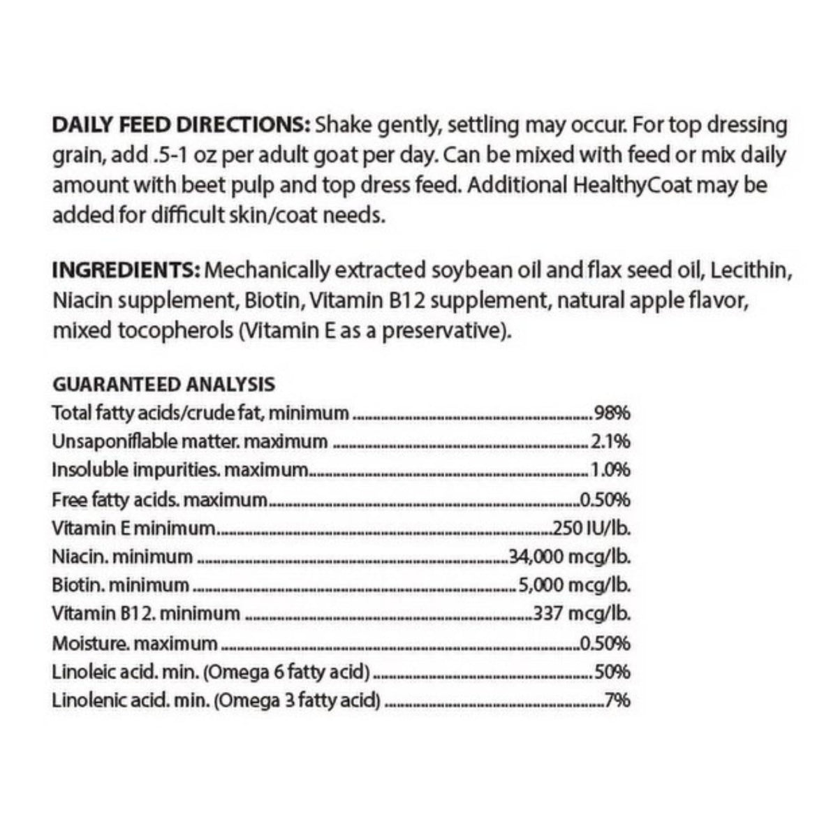 Healthy Coat Goat Formula label close-up signals coat and skin support.