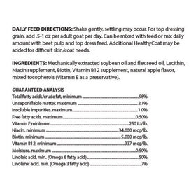 Healthy Coat Goat Formula label close-up signals coat and skin support.