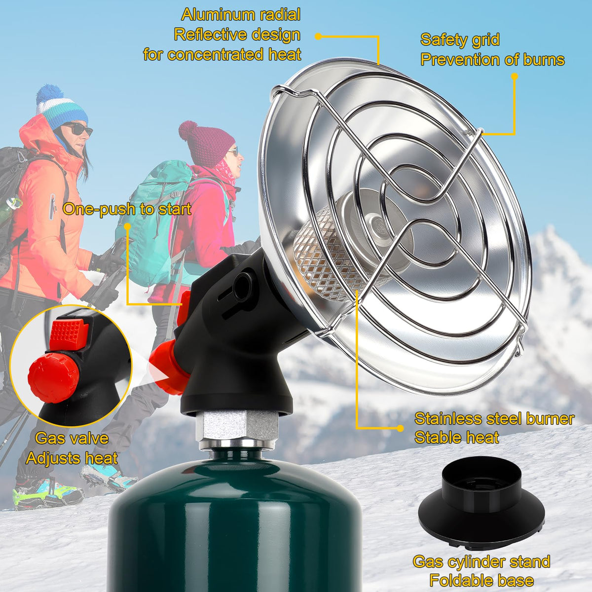 HEATHIVE brass connector supports a reliable 1 lb propane cylinder