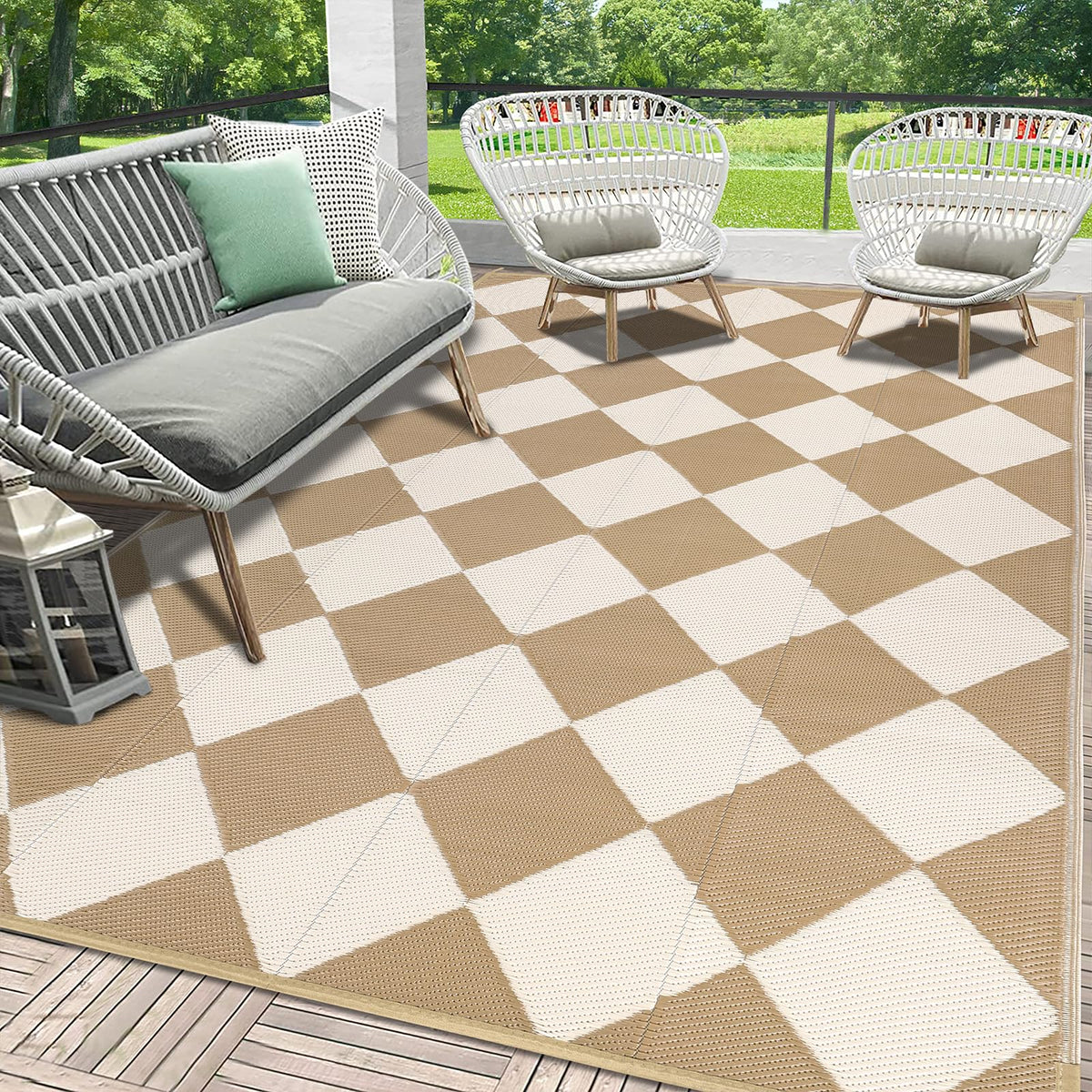 HEBE Checkered Outdoor Rug 8x10 shows a durable, easy-care patio surface.