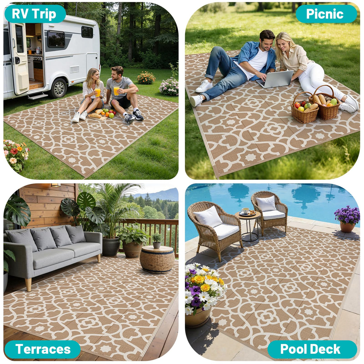 HEBE non-slip backing keeps rug stable on patios and decks.