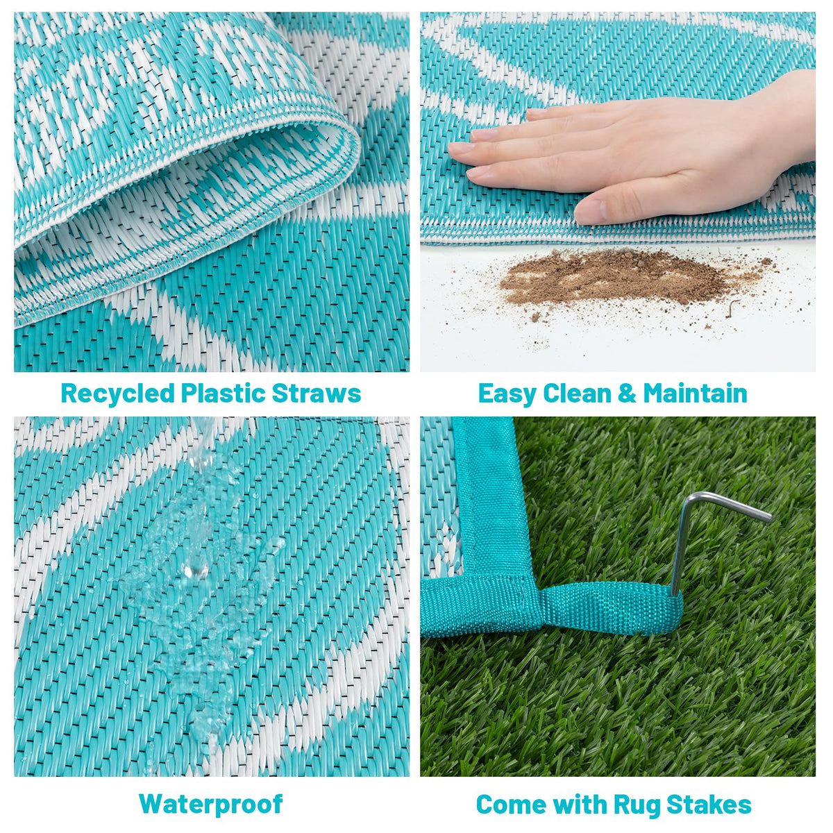 Lightweight rug with corner loops and stakes for secure placement