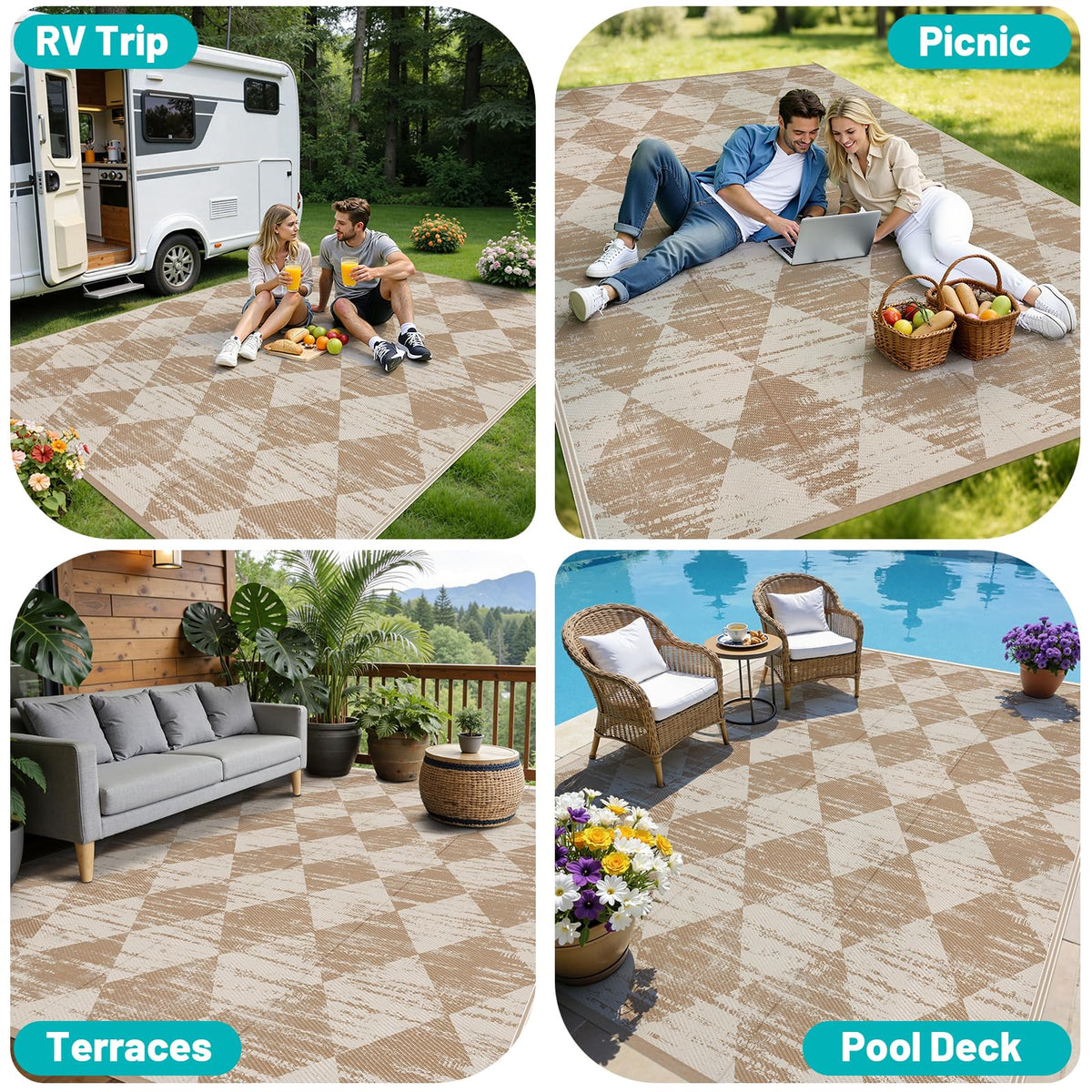 HEBE versatile outdoor carpet available in multiple sizes for any space