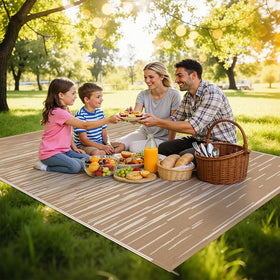 HEBE Outdoor Rug 5x8 reversible stripe shows two looks for decks