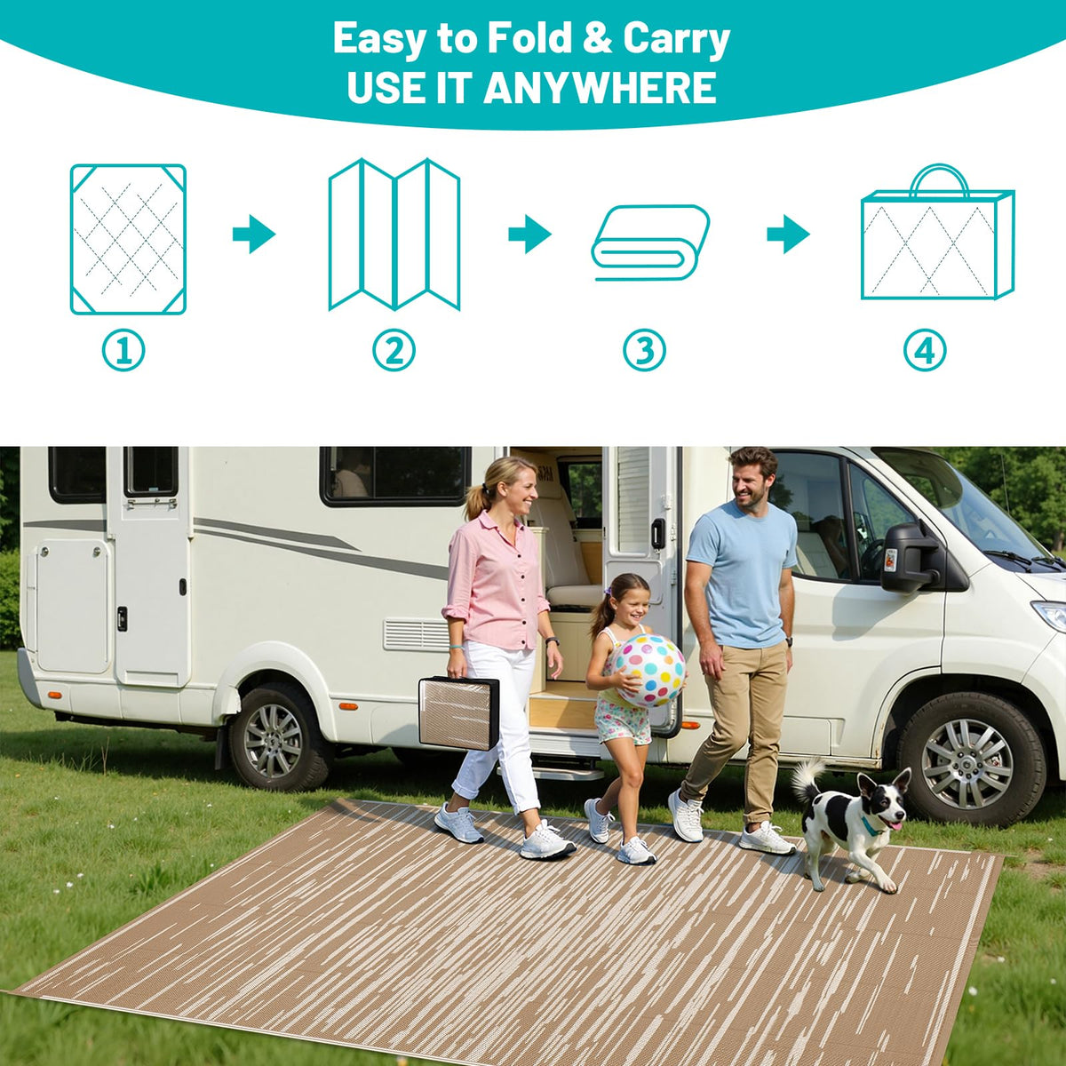 HEBE Outdoor Rug 5x8 includes stakes to secure on grass or dirt