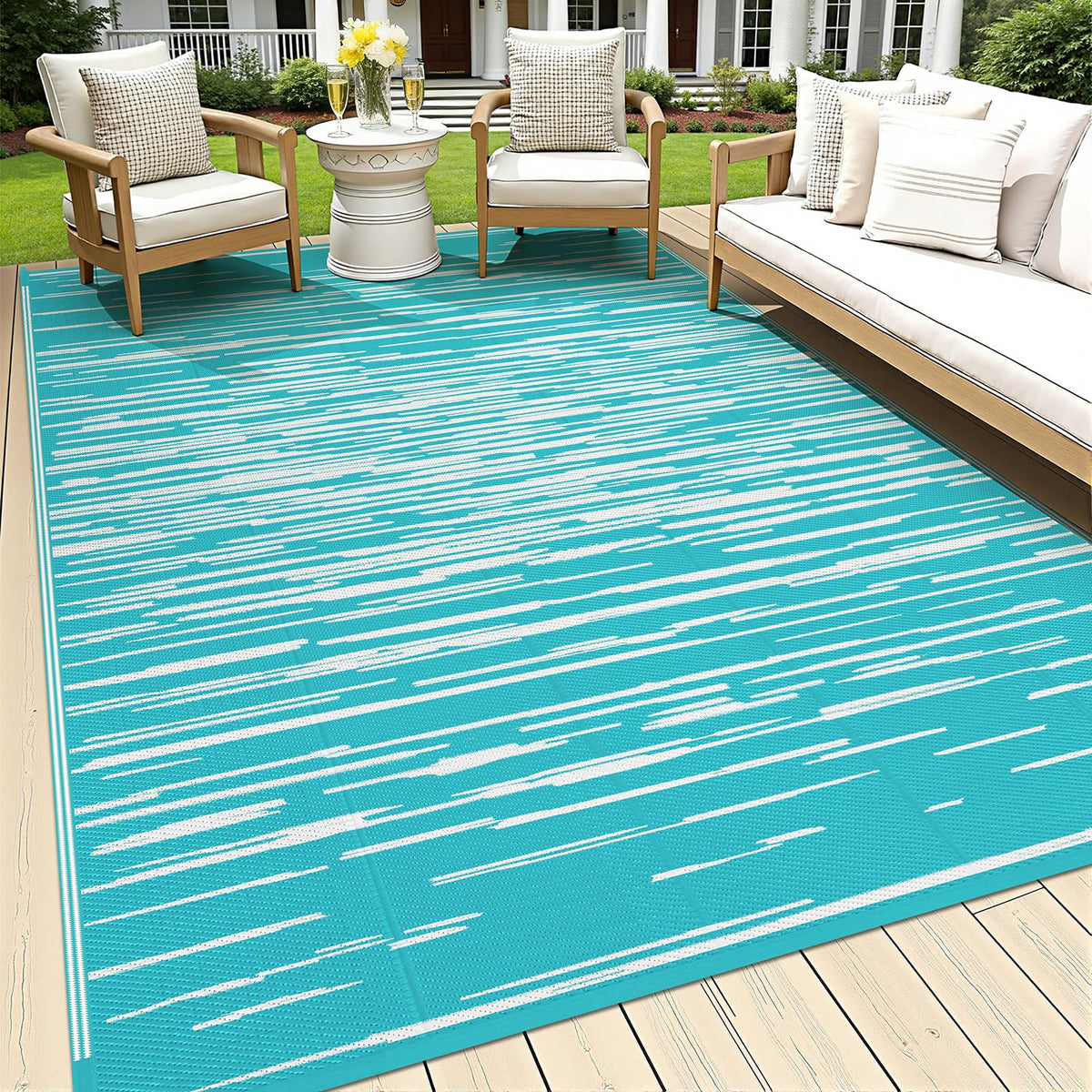 HEBE outdoor rug 5x8ft waterproof patio mat demonstrating all-weather durability and easy cleanup.