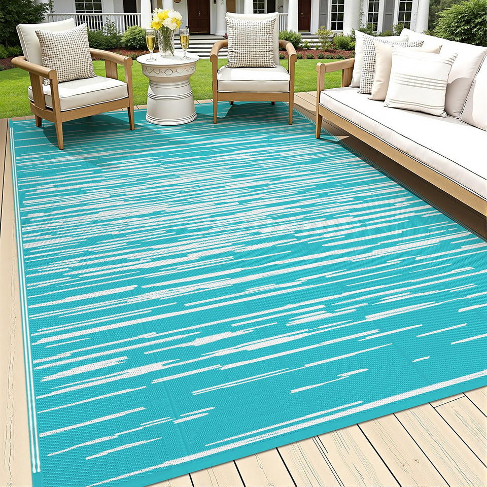 HEBE outdoor rug 5x8ft waterproof patio mat demonstrating all-weather durability and easy cleanup.