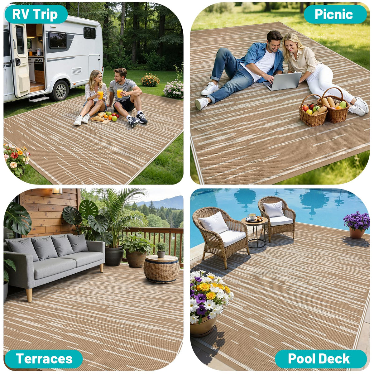 HEBE Outdoor Rug 8x10 ideal for beach trips, camping, and RV setups.