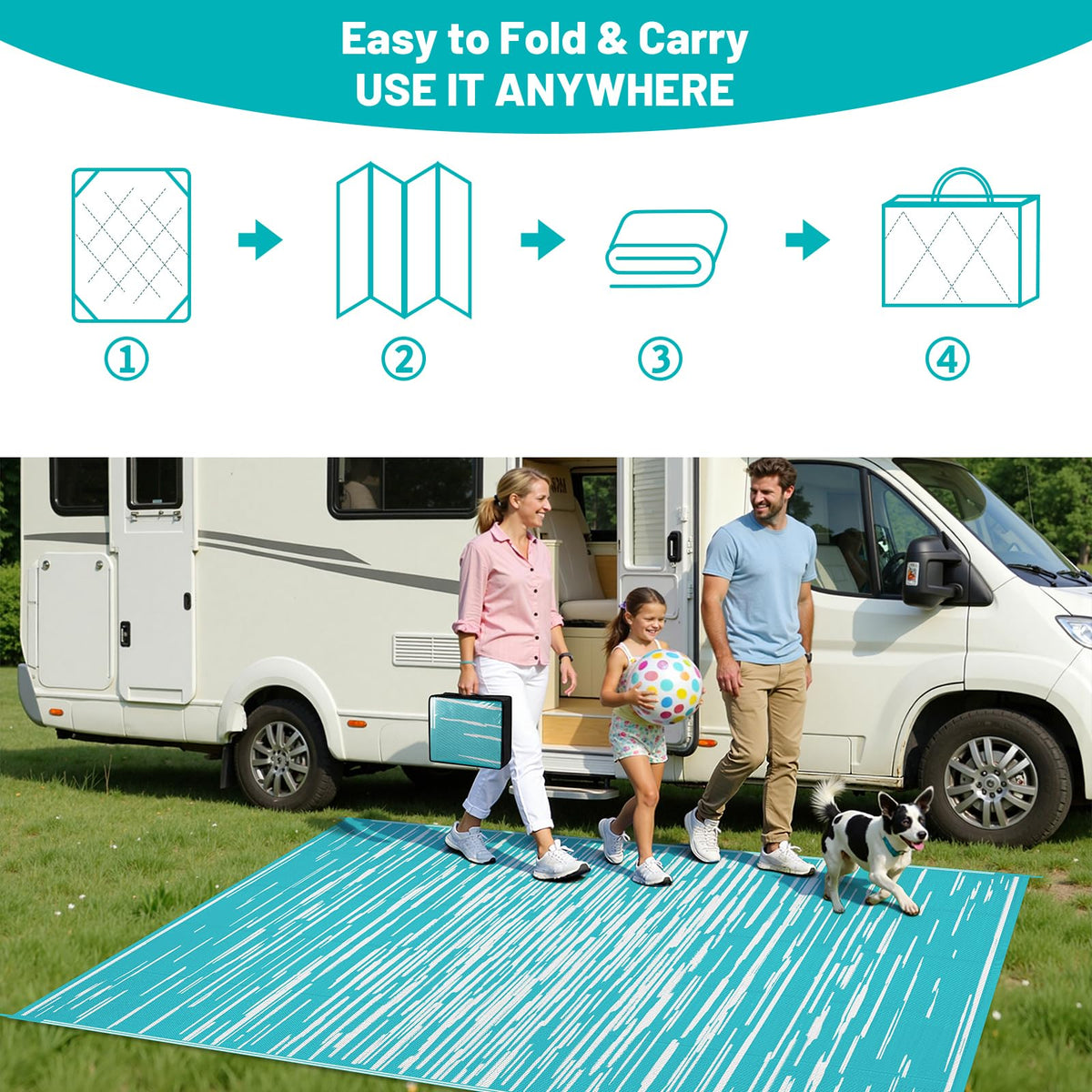 HEBE teal 5x8ft rug ideal for deck, beach, or RV setups.