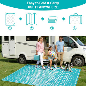 HEBE teal 5x8ft rug ideal for deck, beach, or RV setups.