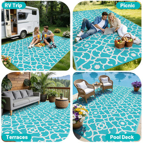 HEBE outdoor rug reflects easy cleanup and fast drying after spills