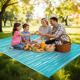 HEBE reversible striped design rug shows two looks for versatile patio styling.