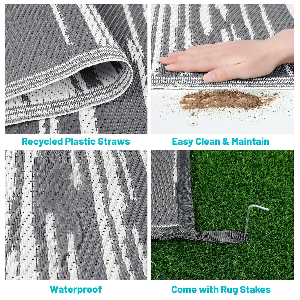 HEBE Outdoor Rug with stakes anchored on grass for stability