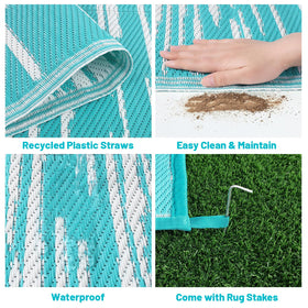 HEBE rug includes stakes to prevent shifting on grass or dirt.