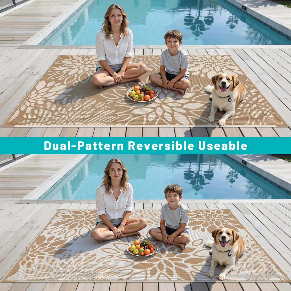 HEBE UV-coated edge protects colors on outdoor rug.