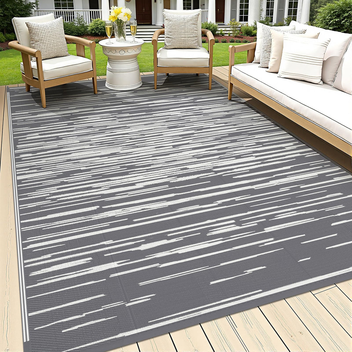 HEBE Outdoor Rug 5x8 waterproof on patio surface for easy cleanups