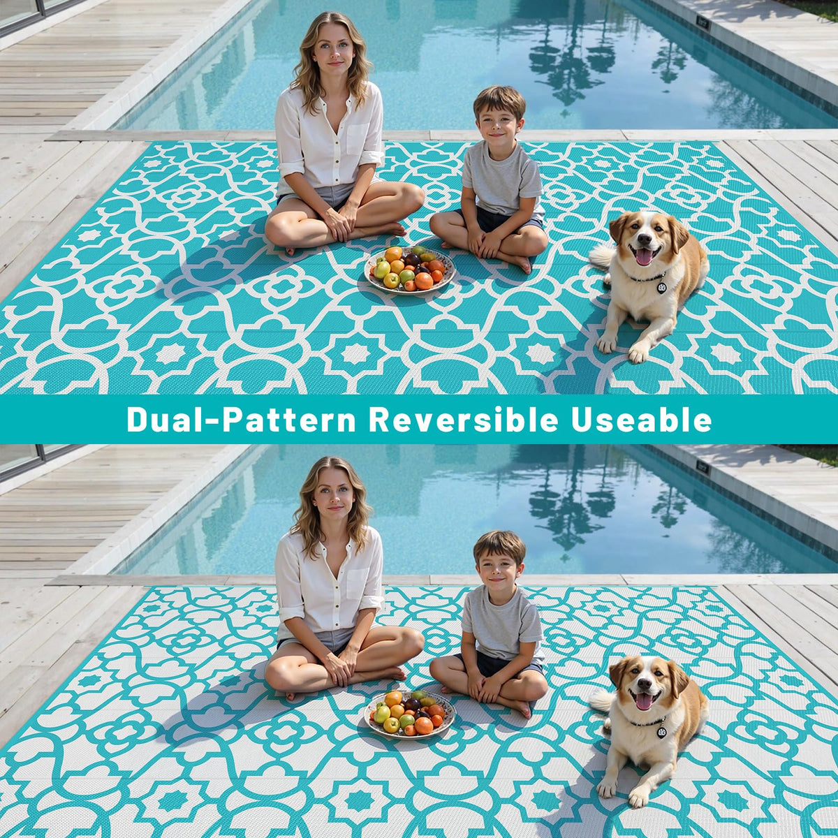 HEBE outdoor rug with waterproof drainage grid backing for stability