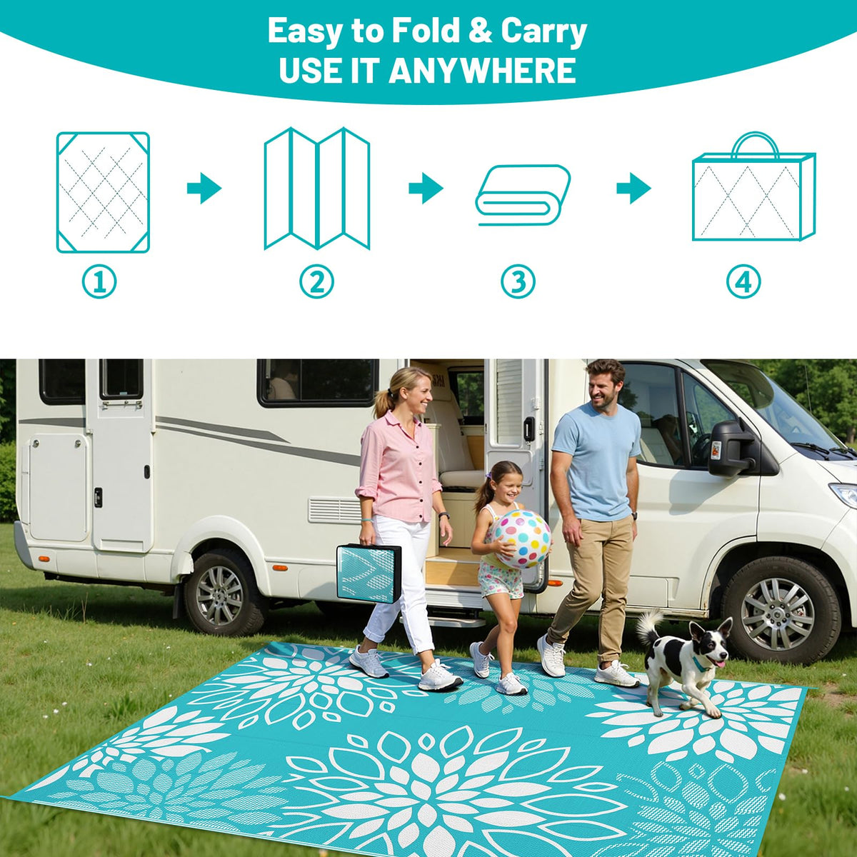 UV-coated, fade-resistant patio rug protects outdoor surfaces