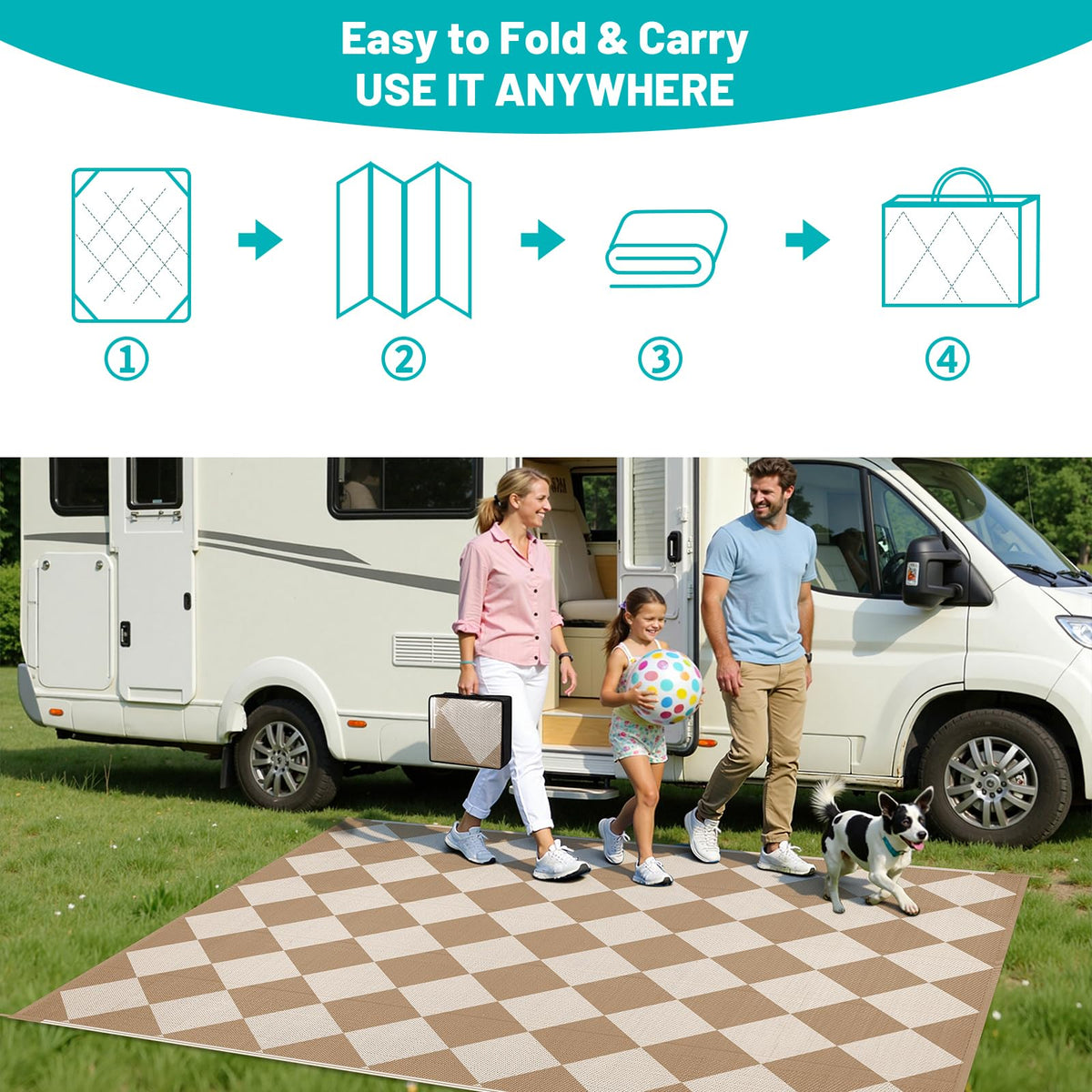 HEBE Stake-Ready Camper Rug includes stakes to stay in place.