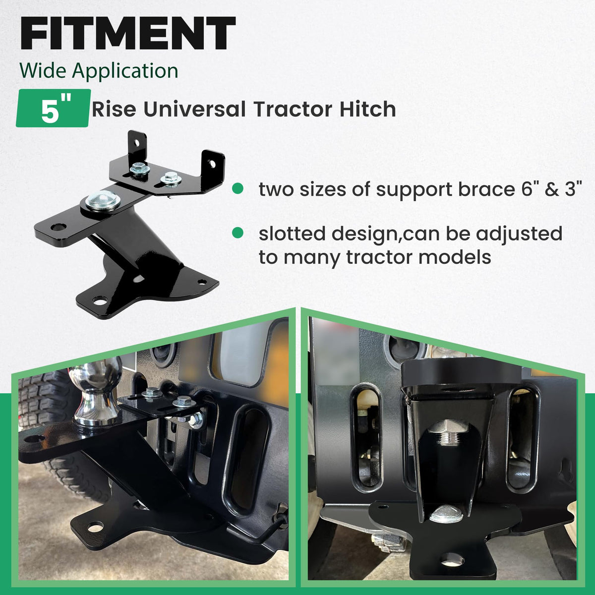 HECASA universal 5-inch rise hitch top view highlights adjustable brace options for fit