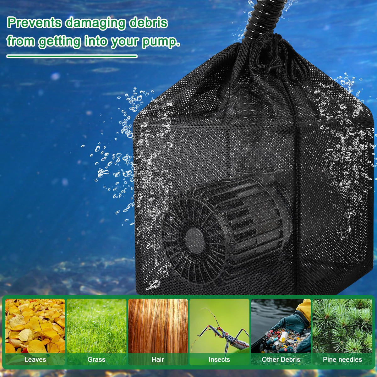 Hecaty mesh bag kit ideal for waterfalls, fountains, and pond filtration