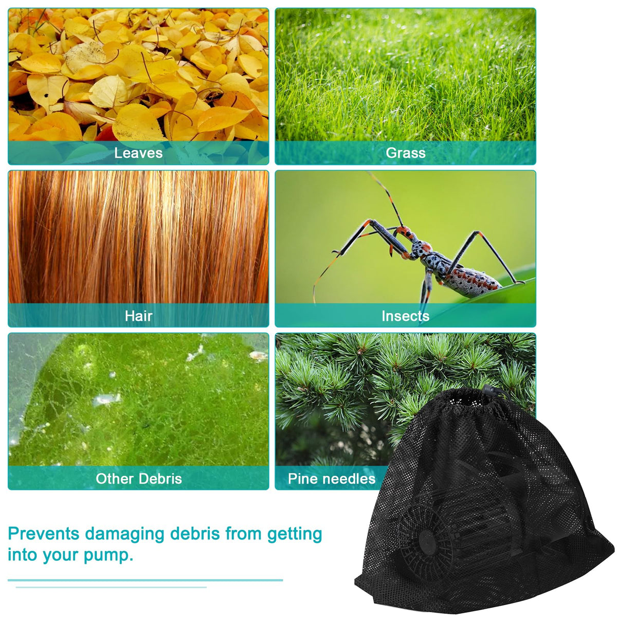 Hecaty pond filter bag packaging with drawstring included