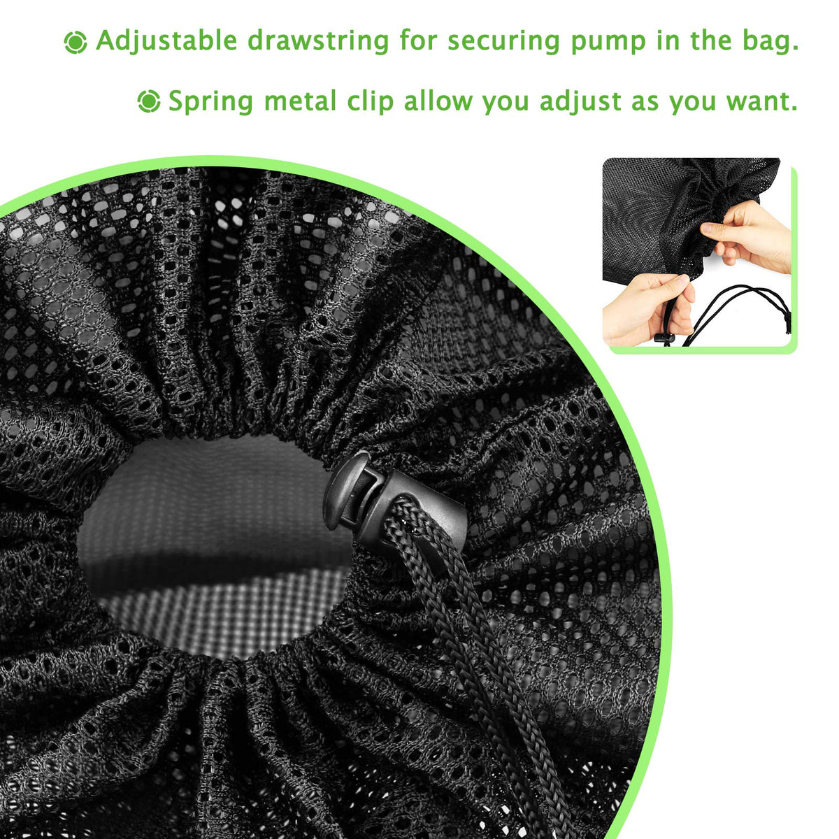 Hecaty splicing design with drawstring secures pump inside the bag