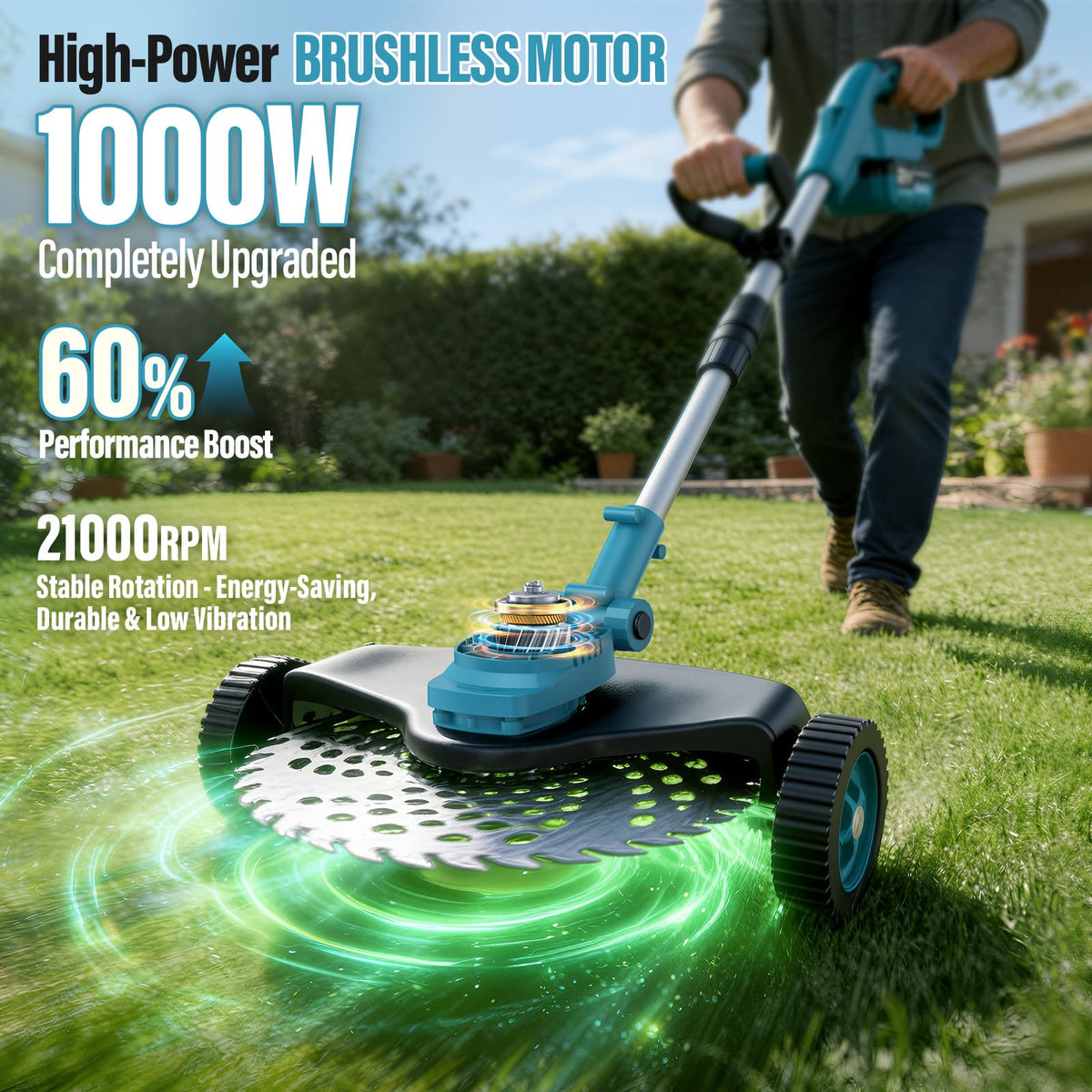 HECUSAM 1000W brushless motor delivers strong performance on tough grass.