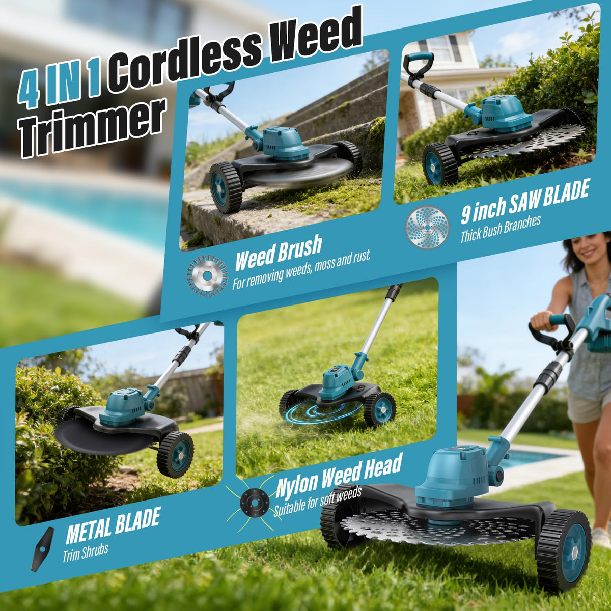 HECUSAM 4in1 blades head for versatile trimming tasks around the yard.
