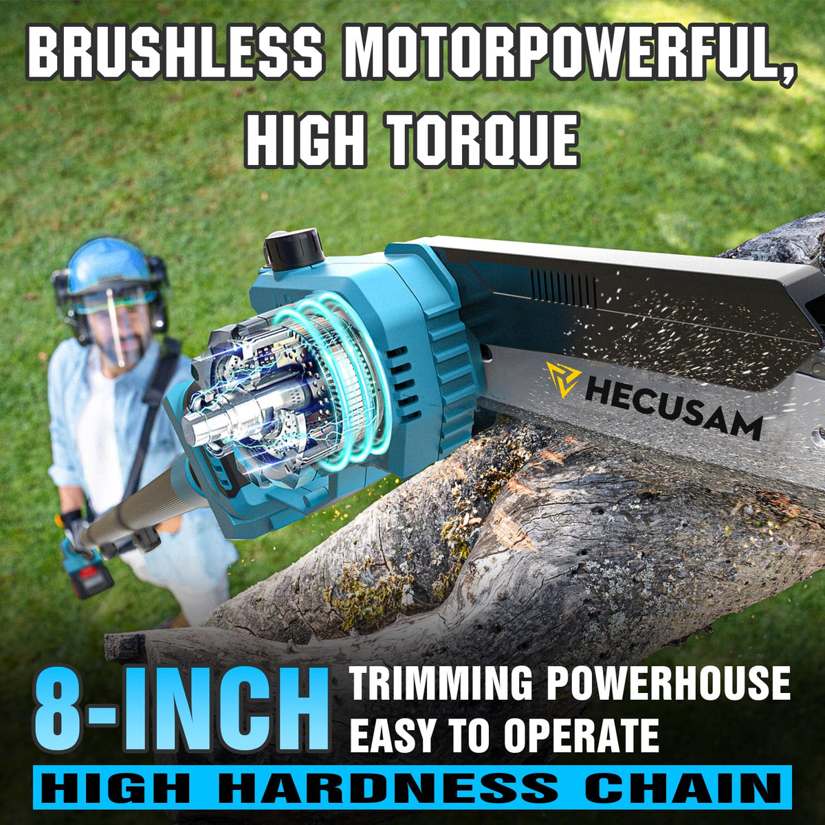 HECUSAM 8-inch guide bar in action on thick limbs
