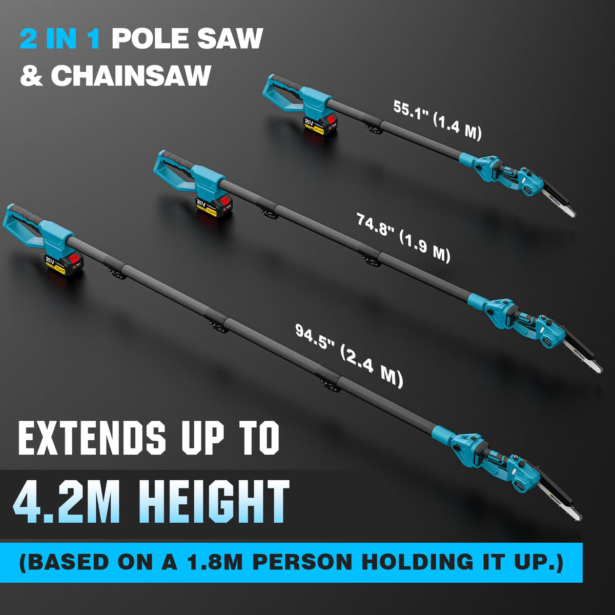 HECUSAM pole saw head rotates 180 degrees for precise cuts from any angle