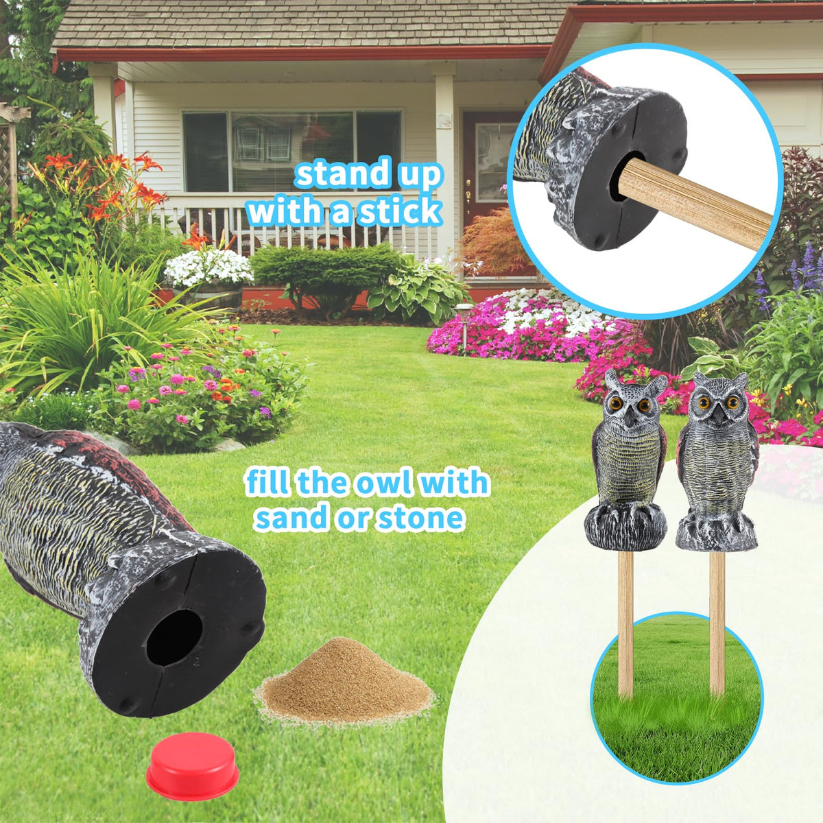 Hedoc decorative owl statue enhances outdoor decor while deterring pests.