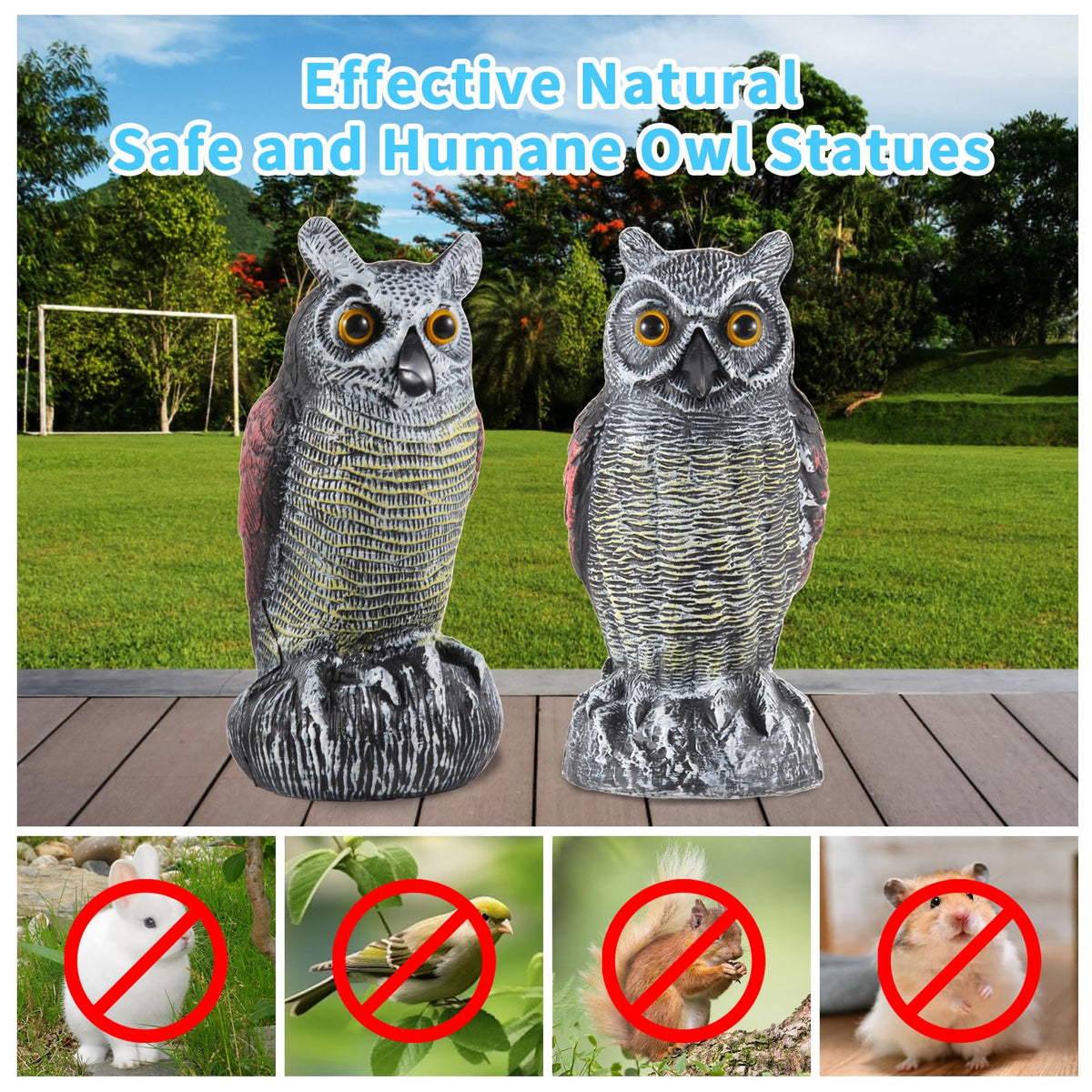 Hedoc owl decoy in a lush garden scene repels birds naturally.