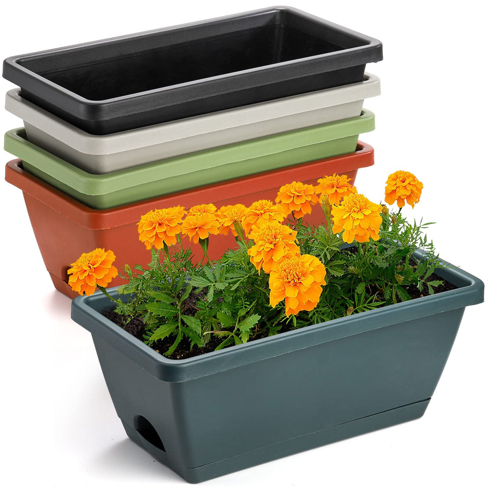 Hedume 5-pack 14-inch flower window box set displayed on a windowsill for indoor use.