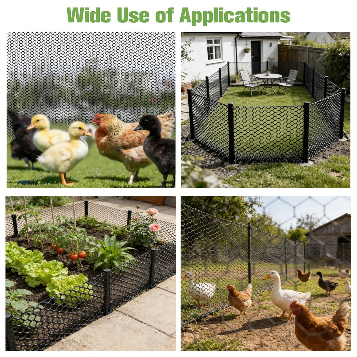 Fence in use around poultry and dogs in a garden