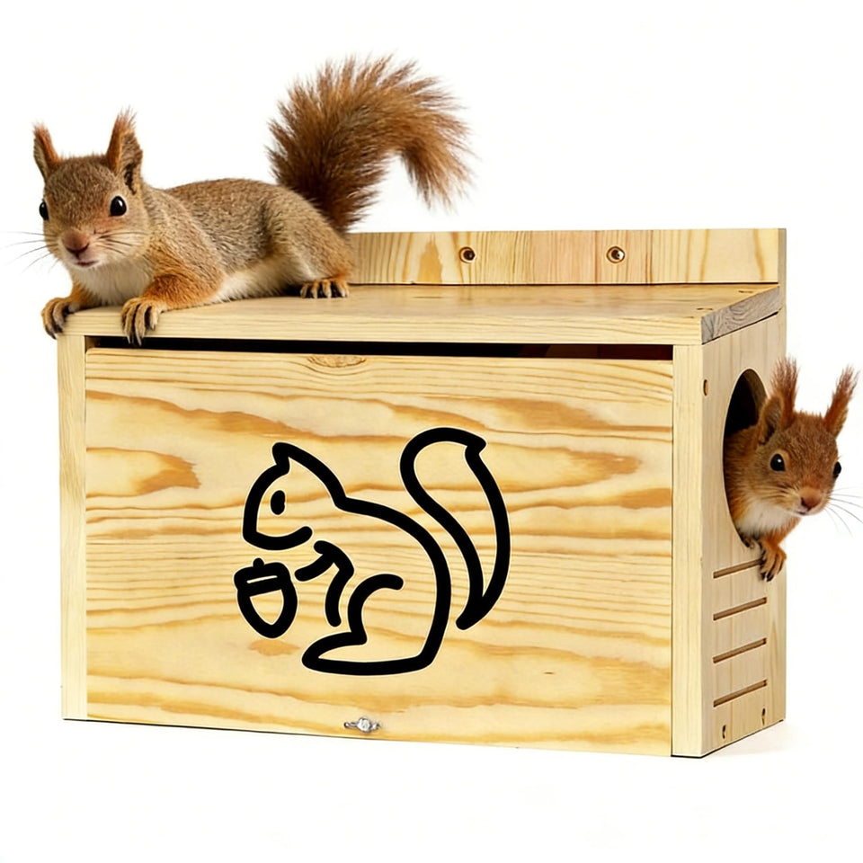 HEILFNL Widened Medium Squirrel House front view highlights durable pine and weatherproof roof.