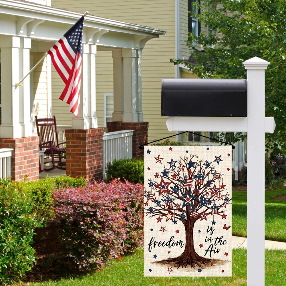 Heirloom Haven Independence Day flag creates festive porch ambiance.