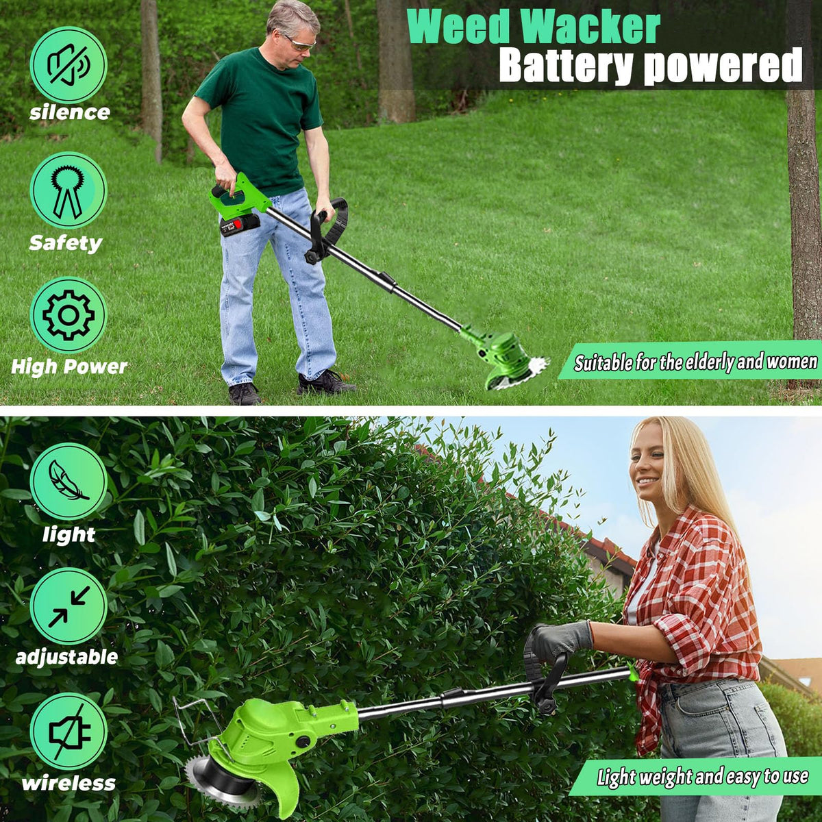 Hejunry weed wacker with 21V batteries delivering long runtime for weekend yard work.